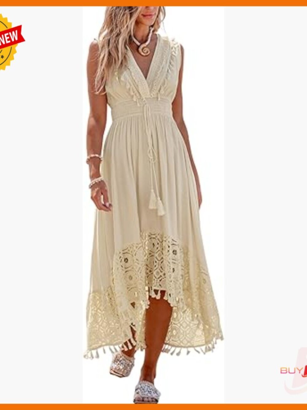 Maxi Dress V Neck Sleeveless Lace Tassel Smocked Waist Formal Beach Cover Up